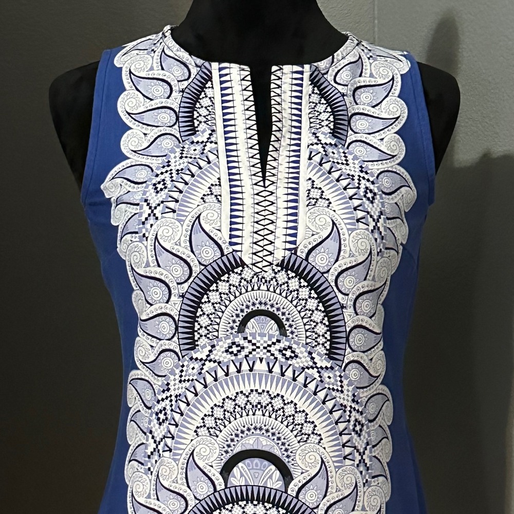New York & Company Dress Small Blue White Cotton Sheath Boho Geo Print - Picture 2 of 8